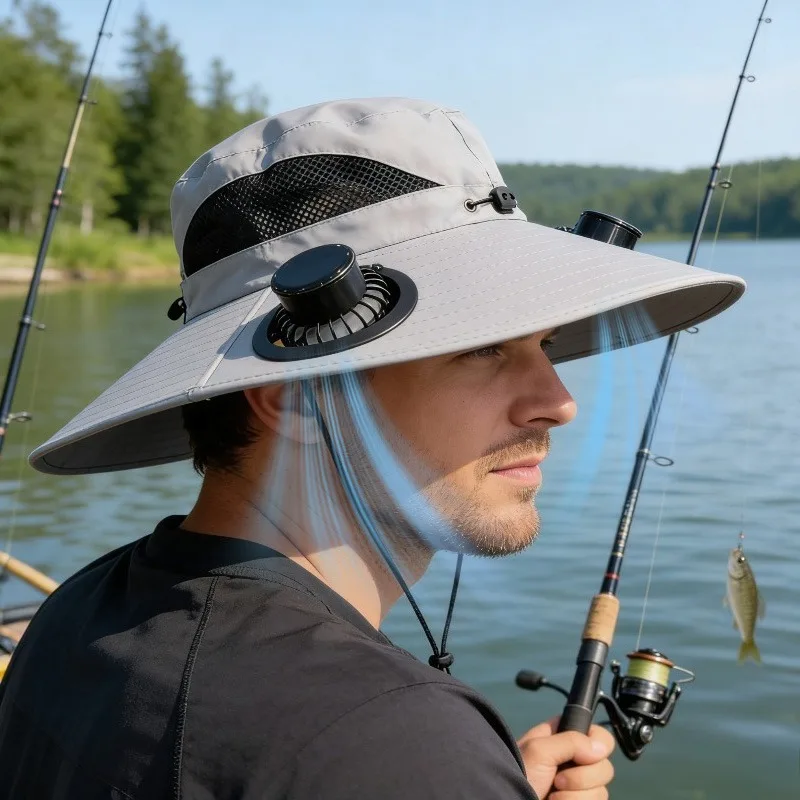 Bucket Hat Cotton - Kapelusz przeciwsłoneczny z wentylatorem solarnym, ochrona